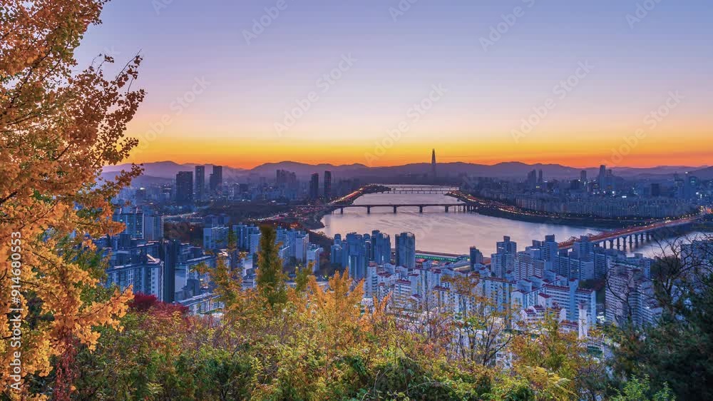 4k Time lapse, Traffic of Morning landscape  Seoul, South Korea and sunrise in autumn.Zoom in