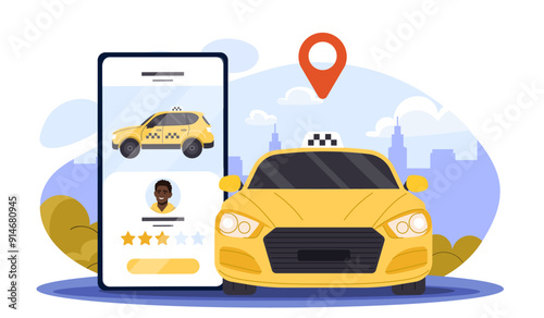 Taxi order online. Yellow car near huge smartphone. Urban infrastructure and transportation. Ordering automobile on internet. Navigation and GPS. Flat vector illustration isolated on white background