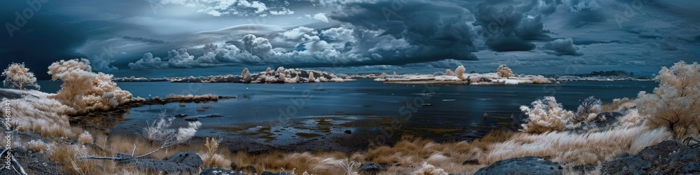 Infrared photograph of a lagoon with ominous dark clouds on the horizon Infrared photograph of a lagoon with ominous dark clouds on the horizon