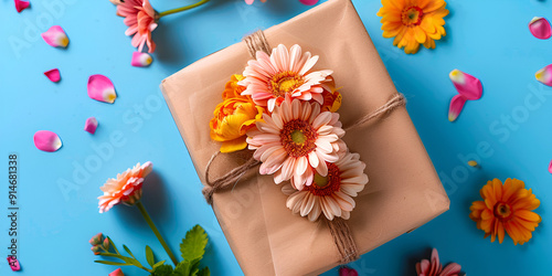 Elegant Purple Gift Box Surrounded by Fresh Flowers
