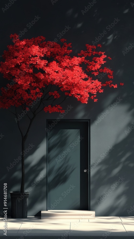 Vibrant Red Tree Against a Dark Door Vibrant Red Tree Against a Dark Door