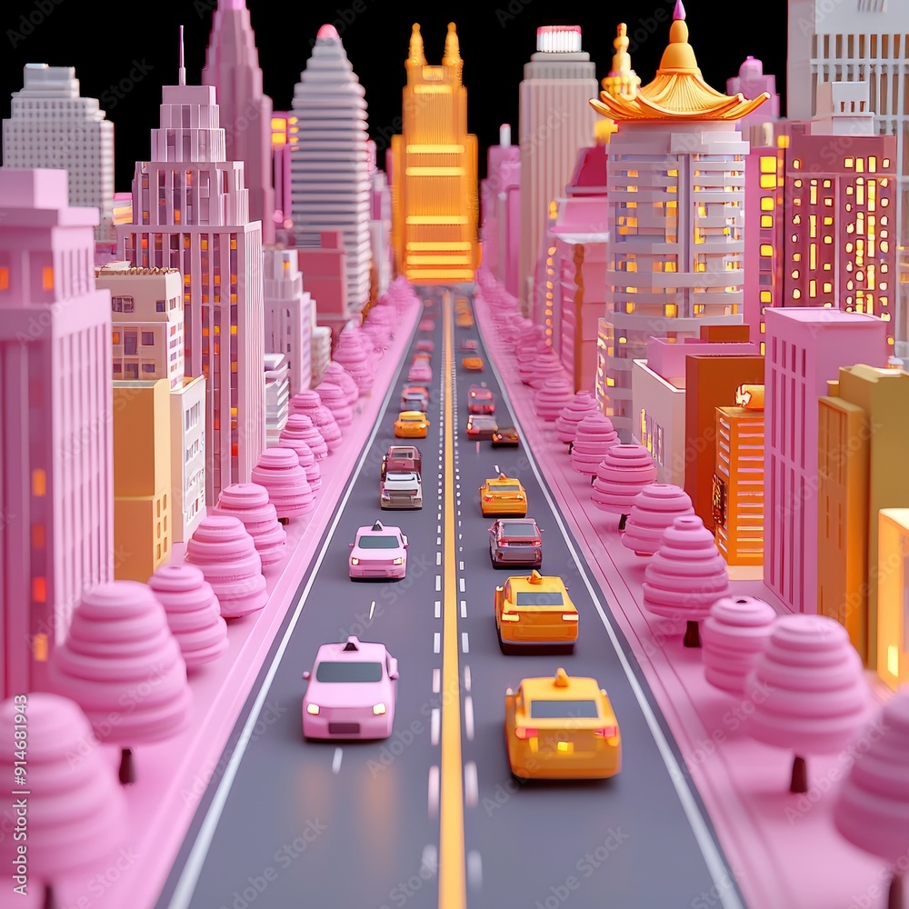Low Poly Cityscape with Pink Trees and Cars Low Poly Cityscape with Pink Trees and Cars