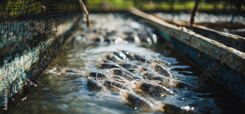 Shrimp Farming Operations in a Vibrant Aquaculture Pond During Sunny Afternoon Hours photo