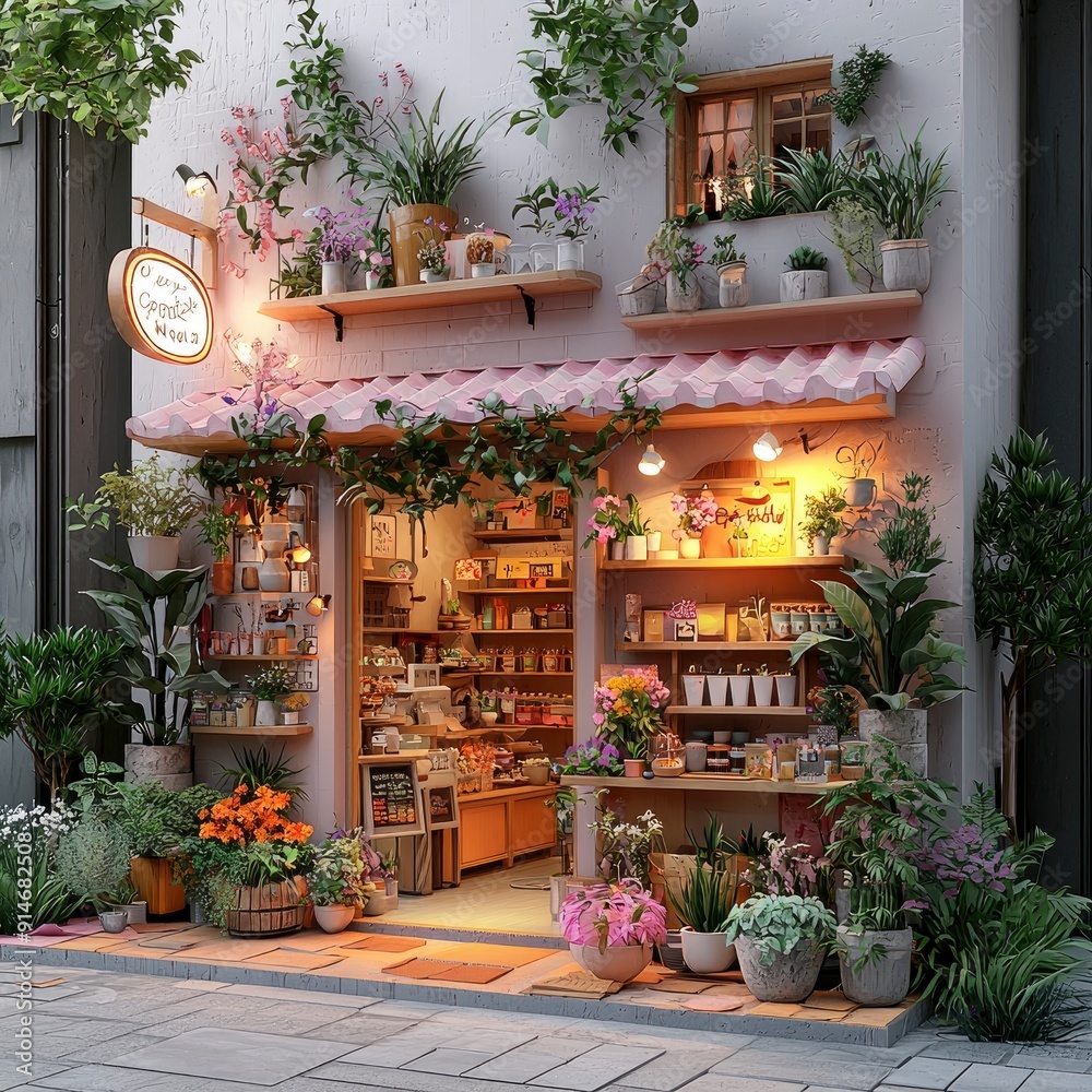 Charming Small Shop with Greenery and Flower Displays Charming Small Shop with Greenery and Flower Displays