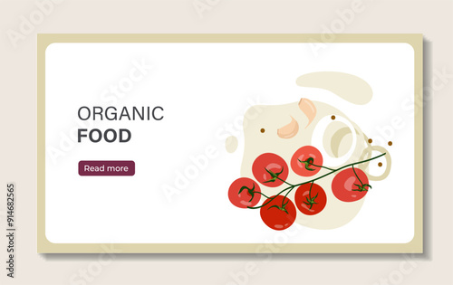 Fresh vegetables poster. Natural and organic tomatoes. Farming and agriculture. Proper diet and nutrition. Cover or banner. Flat vector illustration isolated on beige background