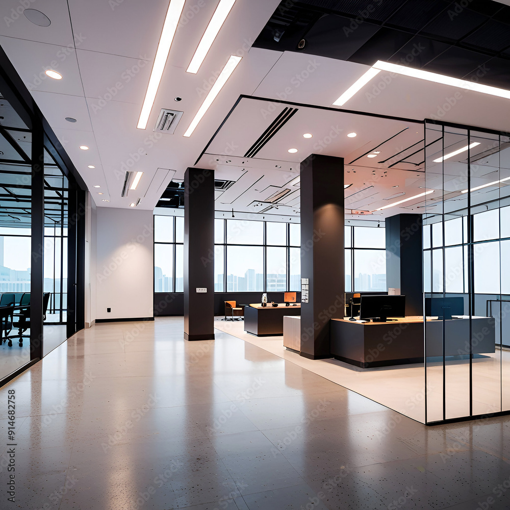 Modern Office Space Interior, carpet and coffee table against window. Ai generative
