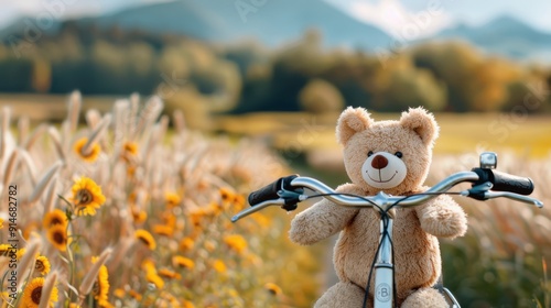 A cute teddy bear sits on a bicycle in the middle of a field filled with sunflowers and surrounded by distant hills, capturing a whimsical and nostalgic moment in nature. photo