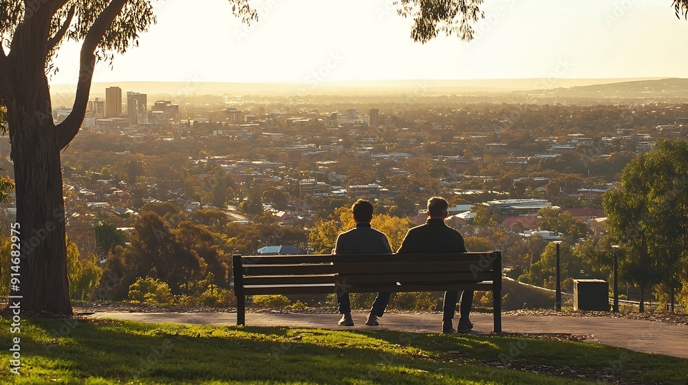 Men sitting on park bench looking out from Montefiore Hill in Adelaide South Australia : Generative AI Men sitting on park bench looking out from Montefiore Hill in Adelaide South Australia : Generative AI