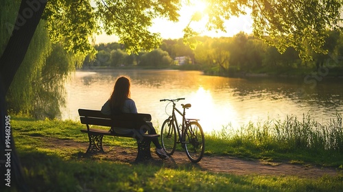 Woman sitting on bench and mountain bike green trees and grass lake at sunset in spring Colorful landscape with resting girl bicycle river in park in summer Sport and travel Biking Nat : Generative AI