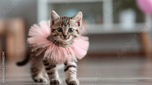 Adorable kitten dressed in a pink tutu poses inside a room, showcasing its cute and playful nature making it irresistible to cat lovers and animal enthusiasts who adore pets. photo