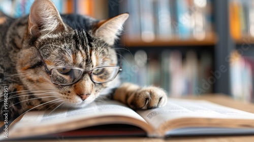 A focused cat wearing glasses is engrossed in reading a book at a wooden table, exuding an air of intelligence and curiosity, perfect for book and pet lovers alike.