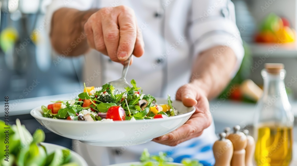 A chef meticulously garnishes a fresh and colorful salad with a variety of vegetables, demonstrating precise culinary techniques and the importance of presentation in the kitchen. A chef meticulously garnishes a fresh and colorful salad with a variety of vegetables, demonstrating precise culinary techniques and the importance of presentation in the kitchen.