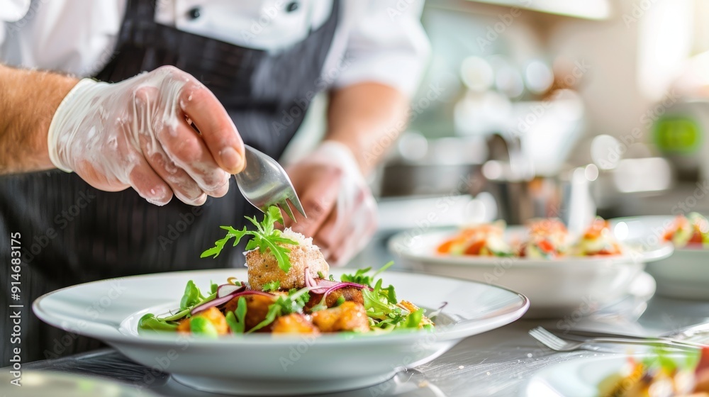 A chef adds the final touches to a visually stunning gourmet salad dish, integrating fresh ingredients and culinary expertise to create a delectable and aesthetically pleasing meal. A chef adds the final touches to a visually stunning gourmet salad dish, integrating fresh ingredients and culinary expertise to create a delectable and aesthetically pleasing meal.