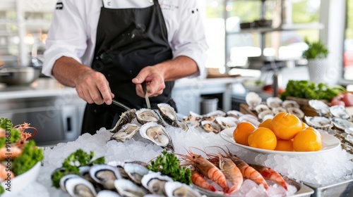 Fototapeta Naklejka Na Ścianę i Meble -  A chef prepares oysters and prawns at a seafood bar, ensuring freshness and quality while creating an appetizing display on a bed of ice that attracts seafood enthusiasts.