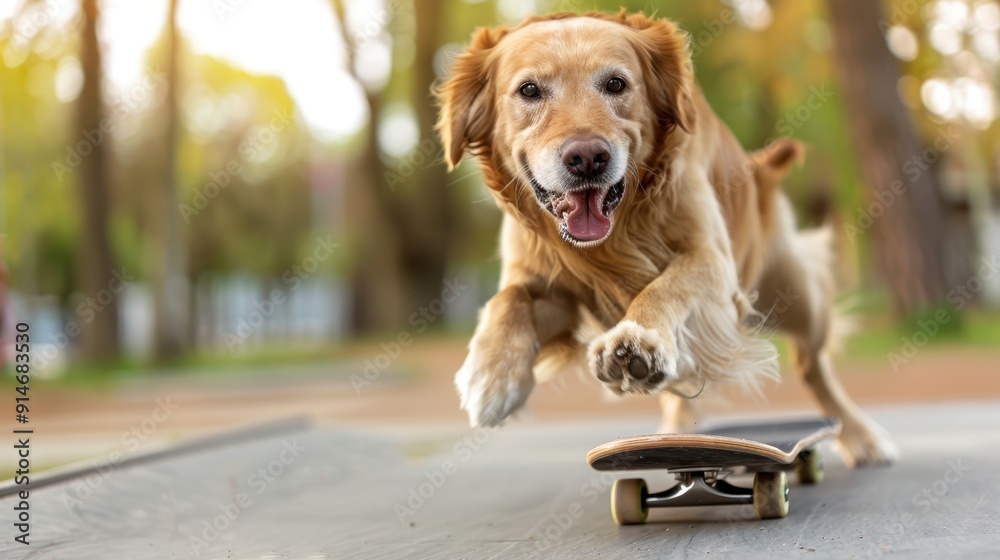 A golden retriever, full of energy and enthusiasm, skateboards energetically on the ramp in a park, showcasing agility, joy, and excitement in a playful outdoor setting. A golden retriever, full of energy and enthusiasm, skateboards energetically on the ramp in a park, showcasing agility, joy, and excitement in a playful outdoor setting.