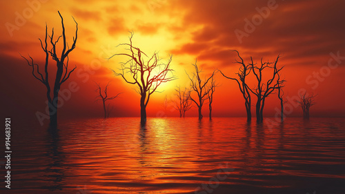 Silhouetted trees stand in a fiery sunset reflected in still water, halloween