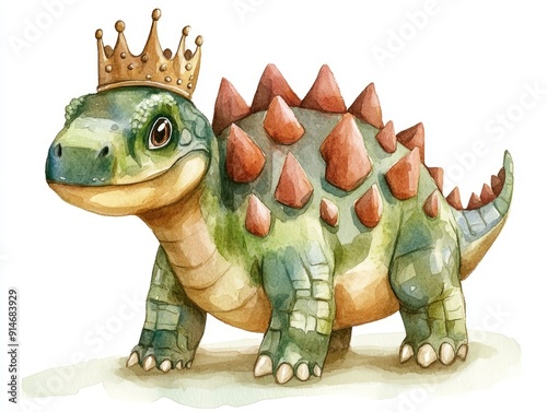 Whimsical and Playful Watercolor of an Ankylosaurus Dinosaur with a Colorful Crown Isolated on a White Background  This Cute and Fantasy Inspired Artwork is Perfect for Children s Decor Education photo