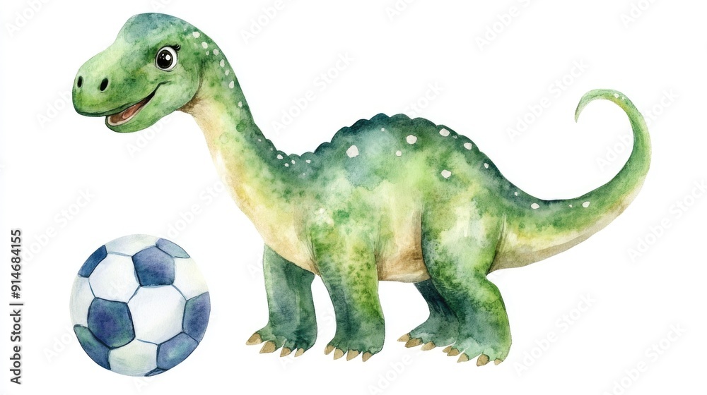Obraz premium Whimsical and Colorful Watercolor of a Playful Brontosaurus Dinosaur Happily Playing with a Soccer Ball on a White Background