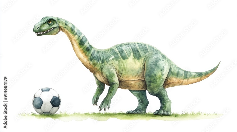 Obraz premium Playful Brontosaurus Dinosaur with Soccer Ball in Vibrant Watercolor on White Background Whimsical Childlike and Adventurous Digital Art
