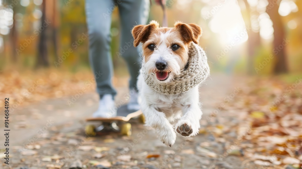 A playful dog with a woolen hat and sweater running alongside its owner riding a skateboard through a beautiful autumn park, showcasing a fun, companionate moment. A playful dog with a woolen hat and sweater running alongside its owner riding a skateboard through a beautiful autumn park, showcasing a fun, companionate moment.