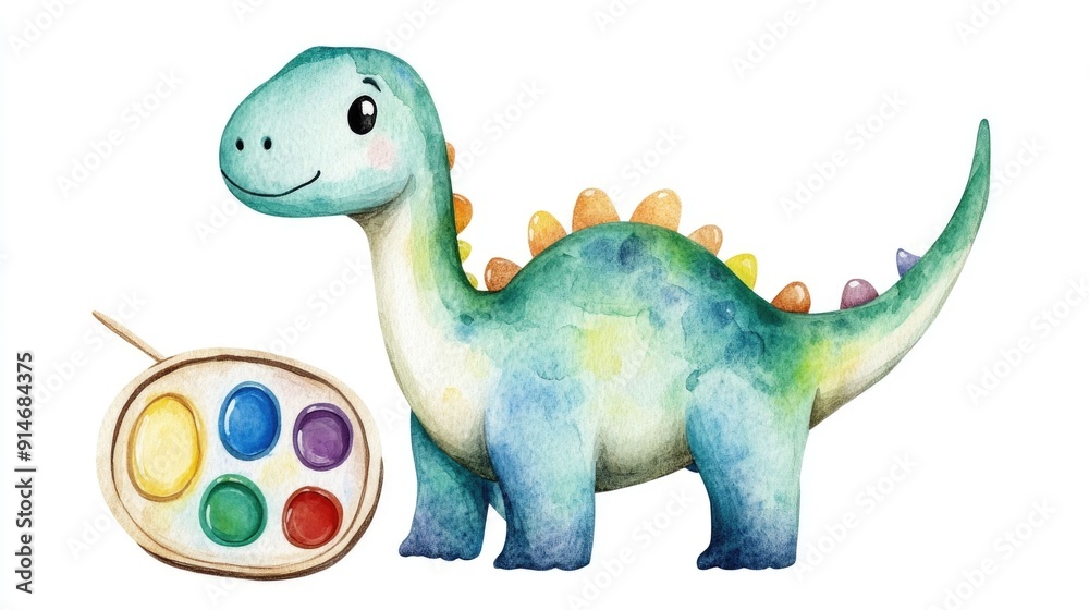 Naklejka premium Playful and Whimsical Watercolor of a Brontosaurus Dinosaur Holding a Paint Palette Showcasing Creativity and Imagination on a Clean White Background