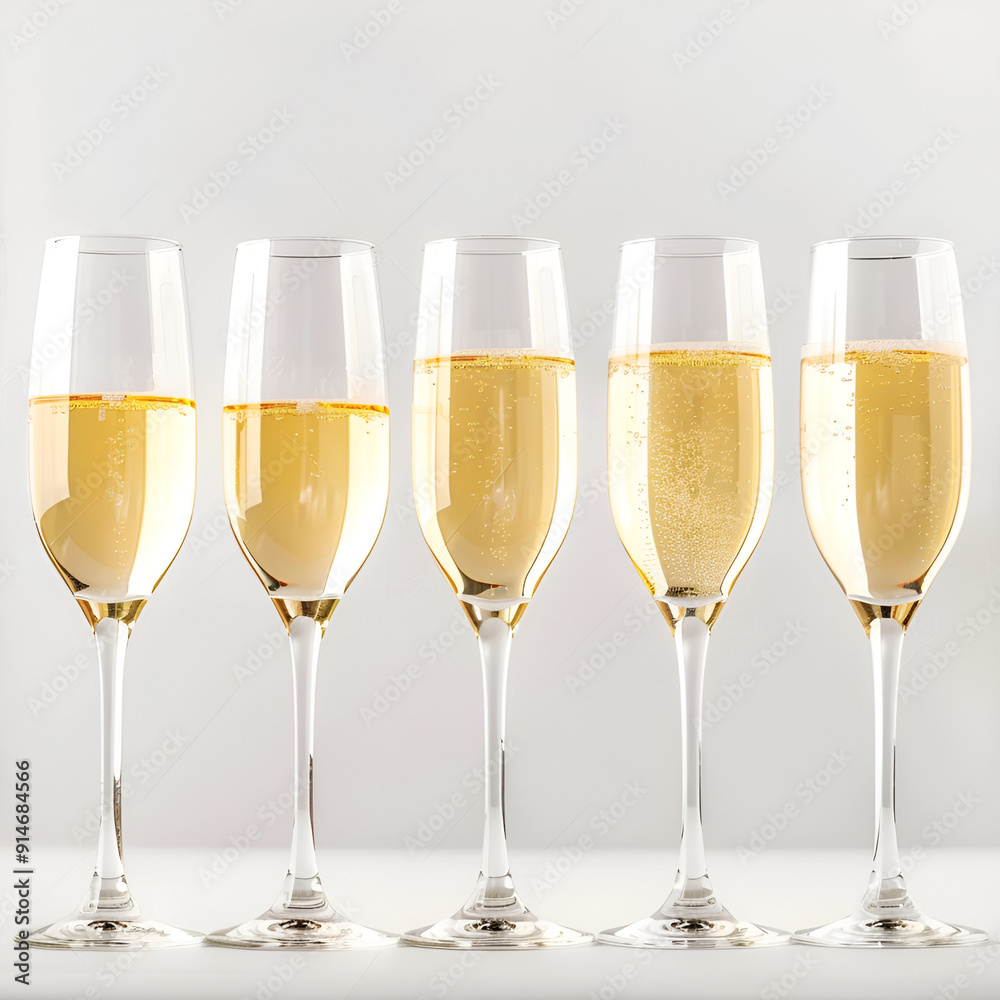 Glasses of Sparkling Wine in a Row: White Background Stock Photo Glasses of Sparkling Wine in a Row: White Background Stock Photo