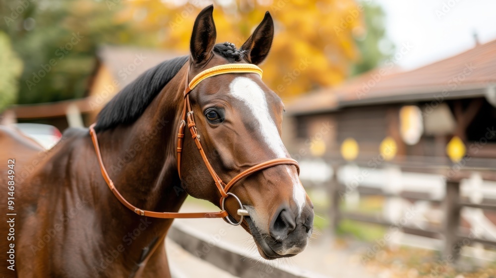 Brown horse with a distinctive white mark on its face wears a yellow bridle, standing in a rustic setting with wooden fencing around and autumn colors in the background. Brown horse with a distinctive white mark on its face wears a yellow bridle, standing in a rustic setting with wooden fencing around and autumn colors in the background.
