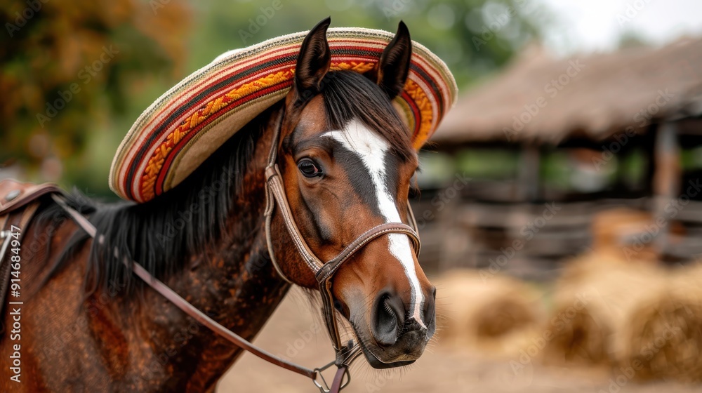 Fototapeta premium A horse sporting a colorful sombrero gracefully poses in a rural environment, displaying charm and spirit against a backdrop of wooden huts and bales of hay.