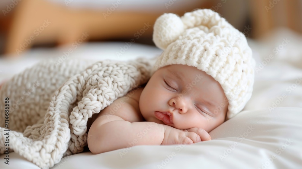 A serene image of a newborn baby peacefully sleeping under a cozy, thick knitted creamy blanket, creating a warm and comforting visual atmosphere with soft lighting. A serene image of a newborn baby peacefully sleeping under a cozy, thick knitted creamy blanket, creating a warm and comforting visual atmosphere with soft lighting.