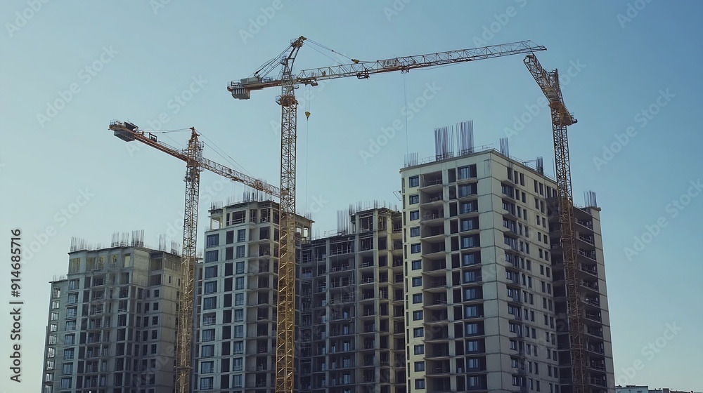 Fototapeta premium Tower cranes on the construction site of a block of flats of the monolithic residential apartment building : Generative AI