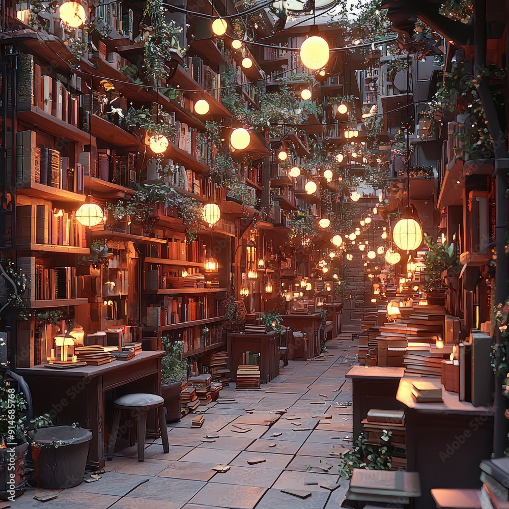 Enchanting Library with String Lights and Cozy Atmosphere