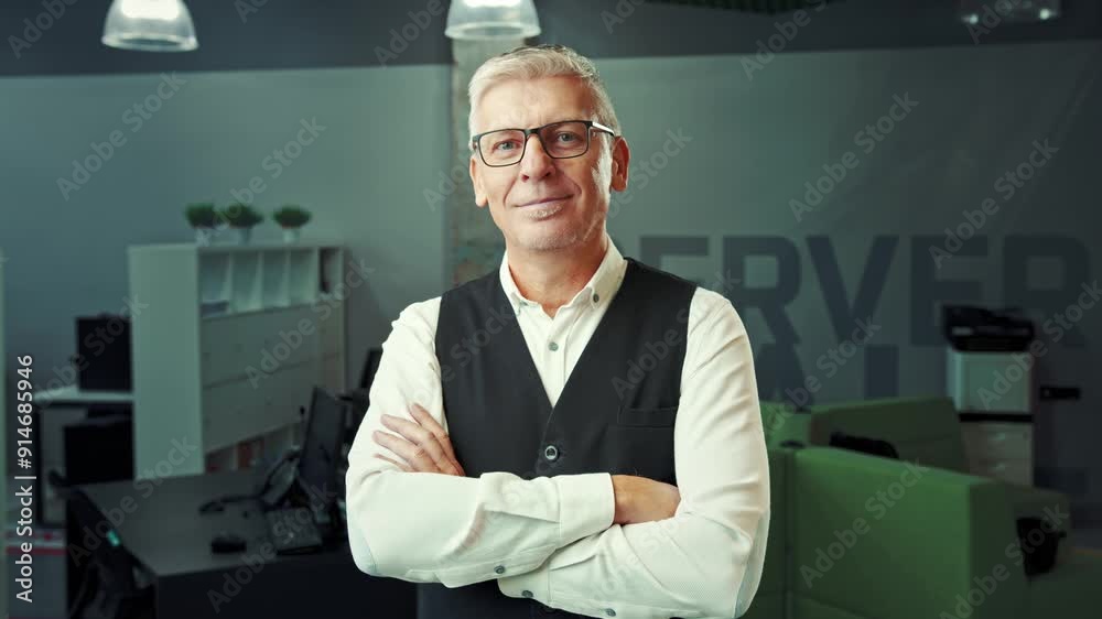 Professional Older Man in Vest Standing Inside Modern Office Space Professional Older Man in Vest Standing Inside Modern Office Space