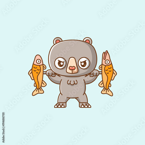 Cute bear lifting fish barbel food kawaii chibi character mascot illustration outline style design