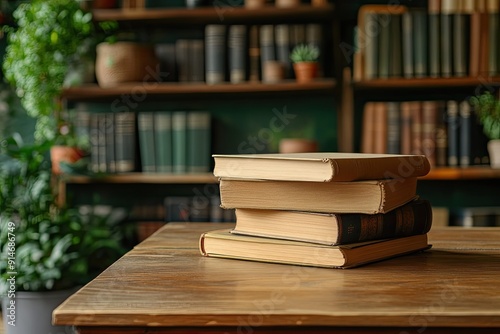 Books stacked on wooden table. This photo is perfect for representing education, knowledge, or a love of reading.