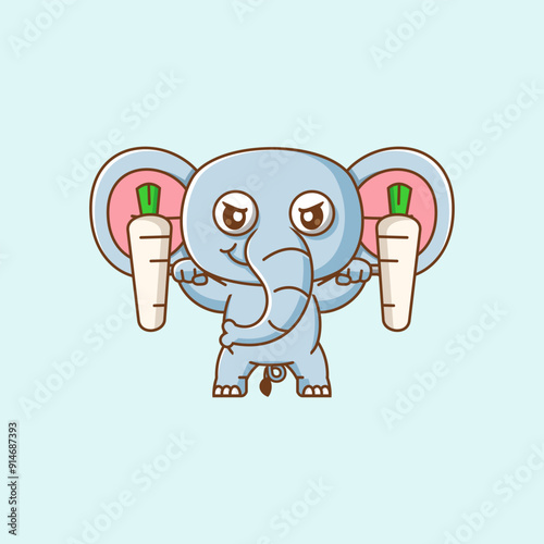 Cute elepant lifting turnip barbel food kawaii chibi character mascot illustration outline style design