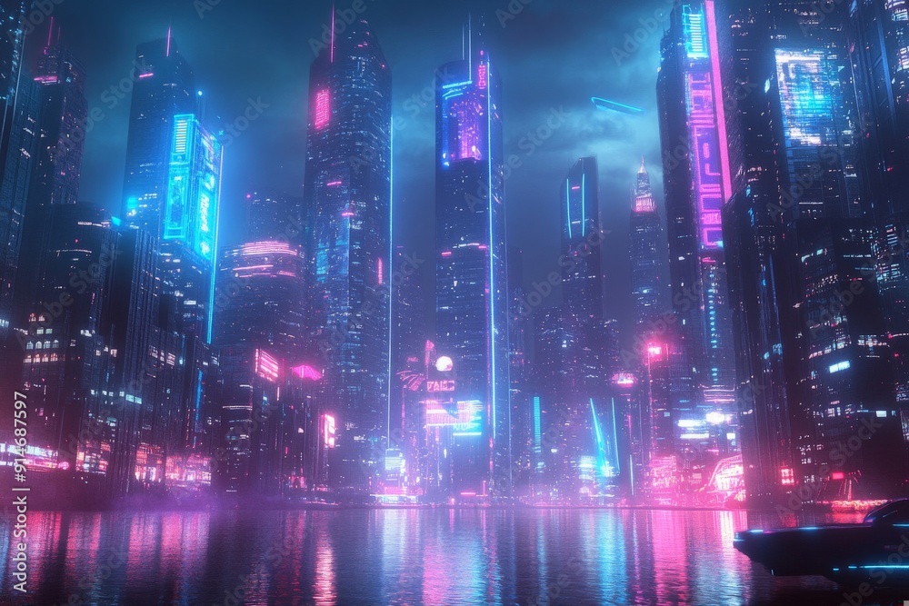 Neon Cityscape with Reflections Neon Cityscape with Reflections