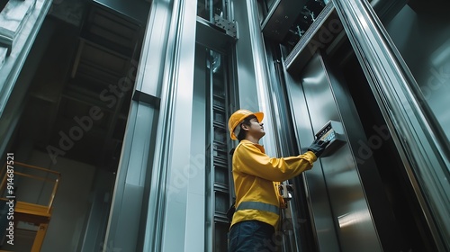 Obraz na płótnie asian engineer maintaining elevator in building : Generative AI