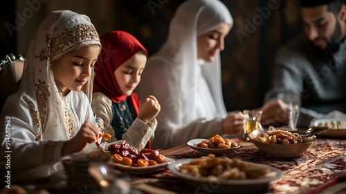 In this modern portrayal a European Islamic family partakes in the tradition of breaking their Ramadan fast with dates symbolizing unity cultural heritage and spiritual observance duri : Generative AI photo