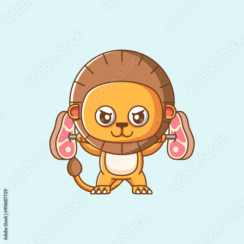 Cute lion lifting meat barbel food kawaii chibi character mascot illustration outline style design