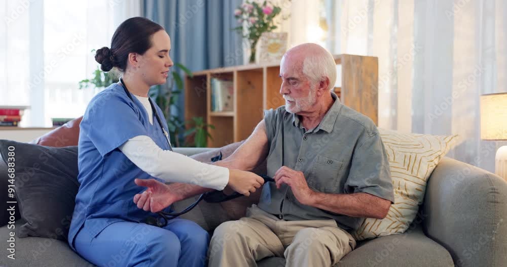 Nurse, couch and blood pressure of senior man for patient assessment, medical examination and vital signs for checkup. Caregiver, person and retirement home with stethoscope for arterial flow sound. Nurse, couch and blood pressure of senior man for patient assessment, medical examination and vital signs for checkup. Caregiver, person and retirement home with stethoscope for arterial flow sound.
