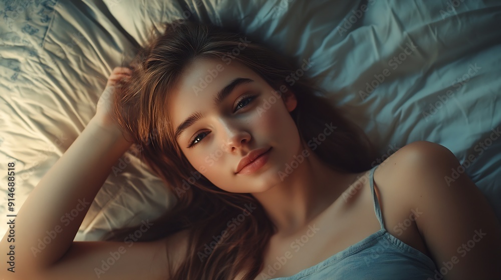 A beautiful woman lies in bed early in the morning after waking up Cute beautiful girl looks happy in the bedroom on the pillow : Generative AI A beautiful woman lies in bed early in the morning after waking up Cute beautiful girl looks happy in the bedroom on the pillow : Generative AI