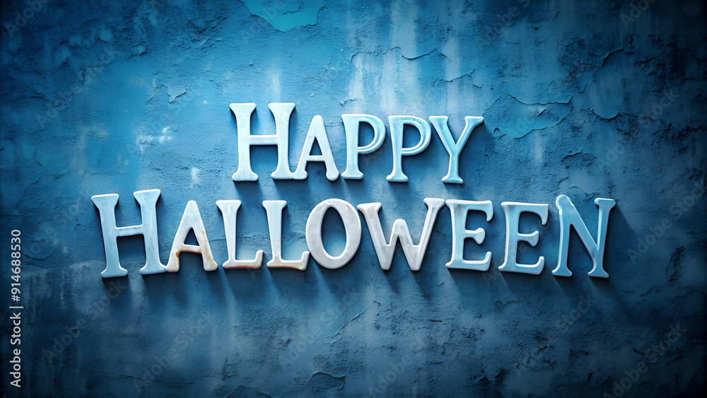Happy Halloween text in icy white with a spooky blue background. Ideal for festive greeting cards or digital designs, featuring bright white and blue tones Happy Halloween text in icy white with a spooky blue background. Ideal for festive greeting cards or digital designs, featuring bright white and blue tones