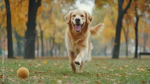 Golden Retriever plays with a ballA beautiful dog walks in a clearing puppy runs in the parkA trained dog performs tricksA joyful dog in the forestAn obedient labrador walks dog sittin : Generative AI photo