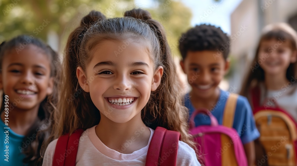 Children face and smile as friends at school with backpack in youth classroom excited or education Boys girl and portrait at academy campus or lesson learning or knowledge diversity or : Generative AI
