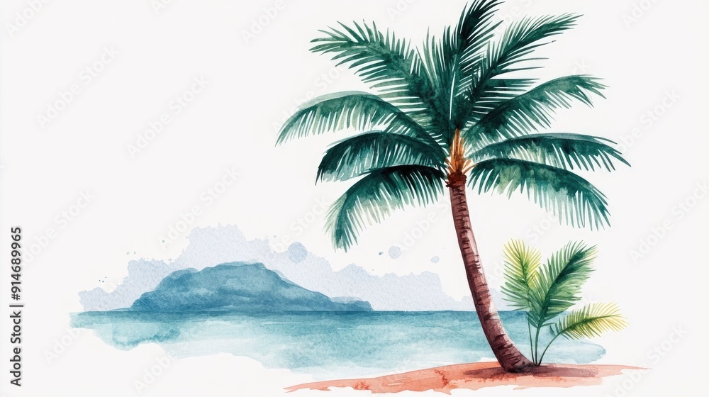 Obraz premium Vibrant and Cheerful Watercolor of a Stylized Palm Tree Icon Isolated on a Clean White Background Representing the Joy and Warmth of the Summer Season