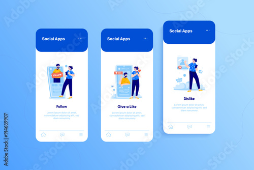 Onboarding screen with illustration scenes of follow account, give a like sign and dislike or unfollow account photo