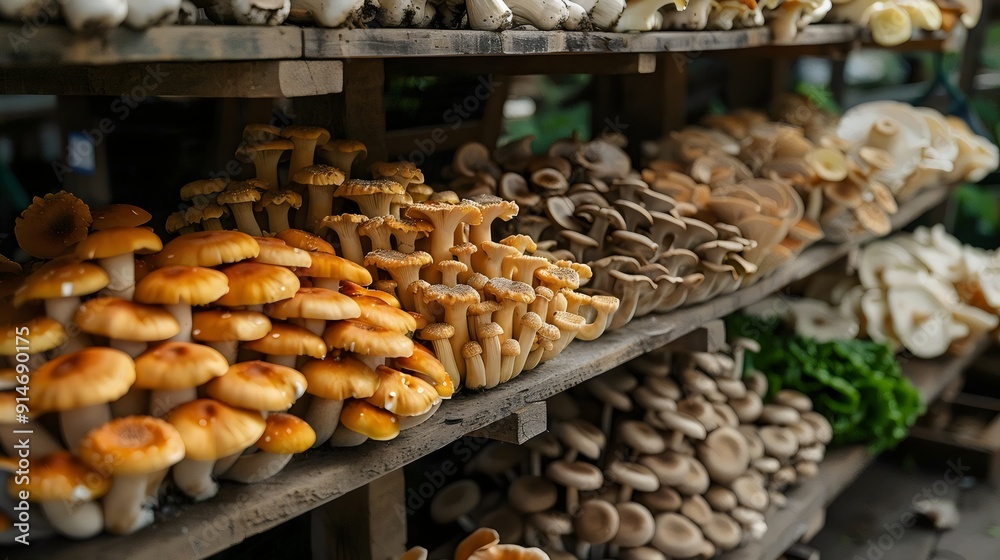 A variety of mushrooms are displayed on wooden shelves A variety of mushrooms are displayed on wooden shelves
