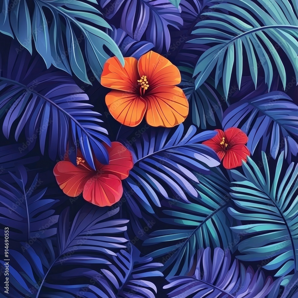 Tropical Leaves and Flowers Background