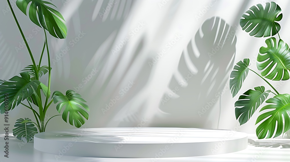 White Platform with Tropical Leaves White Platform with Tropical Leaves
