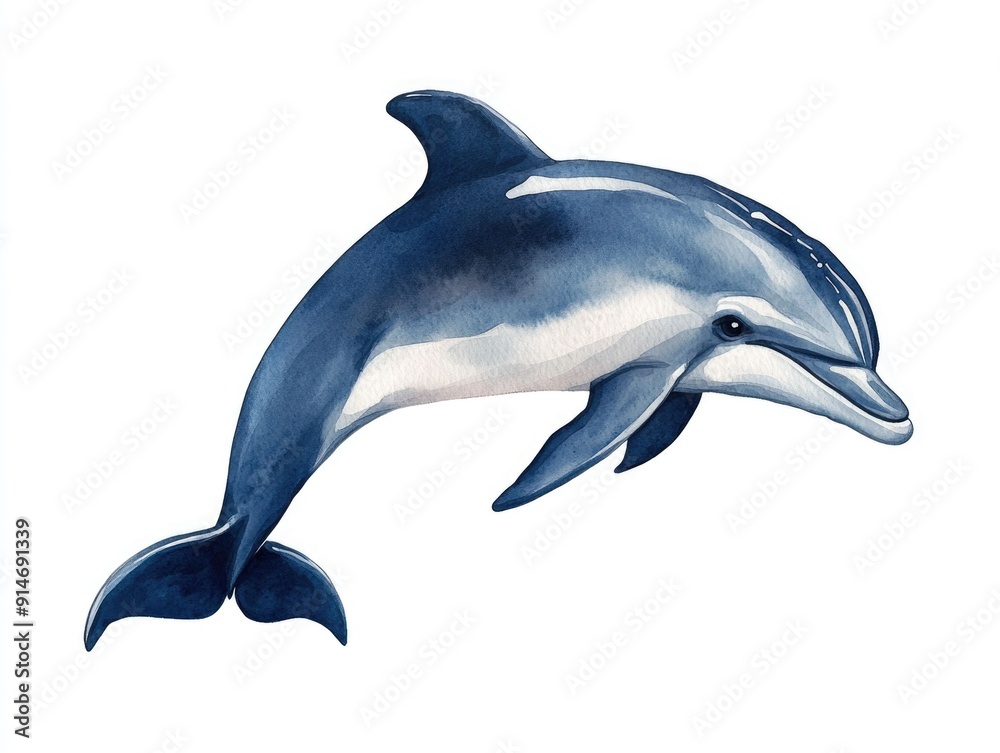 Charming watercolor of a happy smiling dolphin icon swimming against a clean white background Playful and joyful summer themed aquatic animal design perfect for vacation beach Charming watercolor of a happy smiling dolphin icon swimming against a clean white background Playful and joyful summer themed aquatic animal design perfect for vacation beach